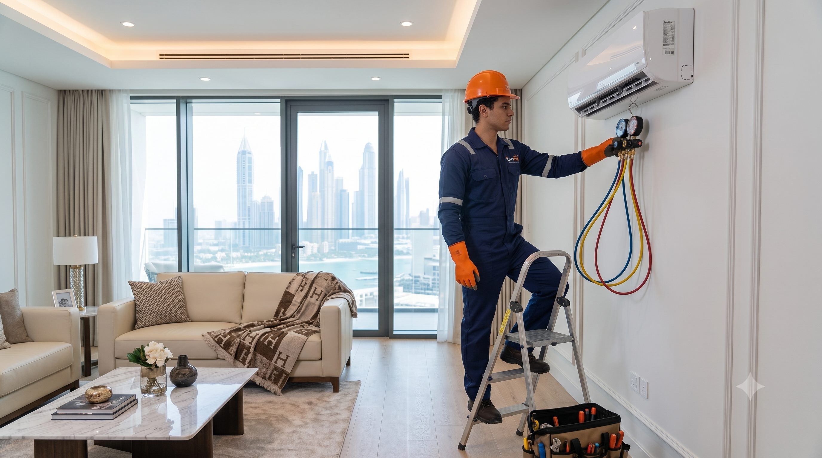 ServFix AC technician repairing air conditioner in Dubai